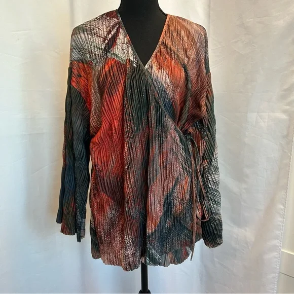 Zara multicolored abstract print pleated kimono sleeve wrap blouse top M NWOT - Picture 4 of 16
